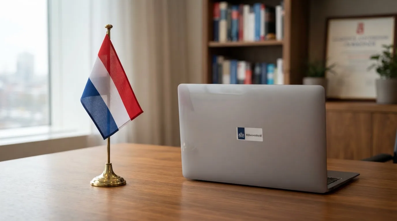 Een bureau met een Nederlandse vlag op een standaard naast een gesloten laptop, symbool voor regelgeving en toezicht op kansspelen.