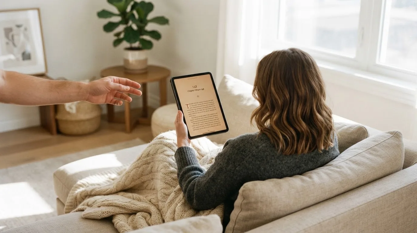 Iemand bekijkt ontspannen een tablet op de bank in een lichte woonkamer, met een plaid over de knieën.
