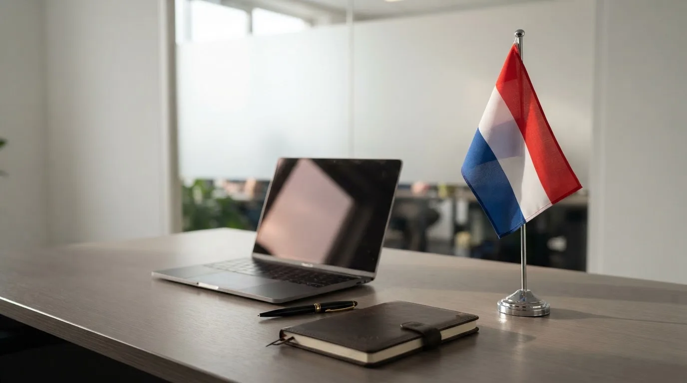 Een kantoorbureau met een Nederlandse vlag op een voetstuk naast een dichte laptop.