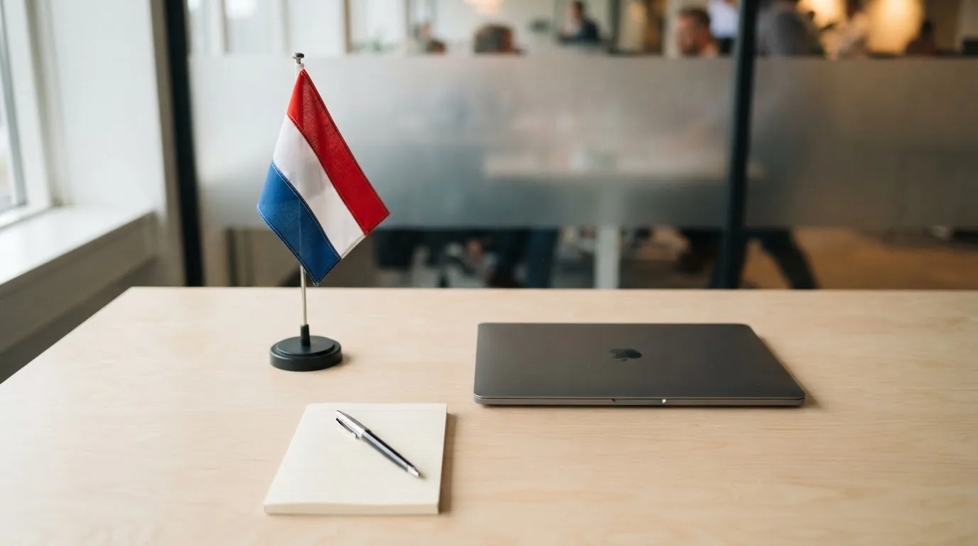 Een kantoorbureau met een Nederlandse vlag op een voetstuk naast een gesloten laptop.