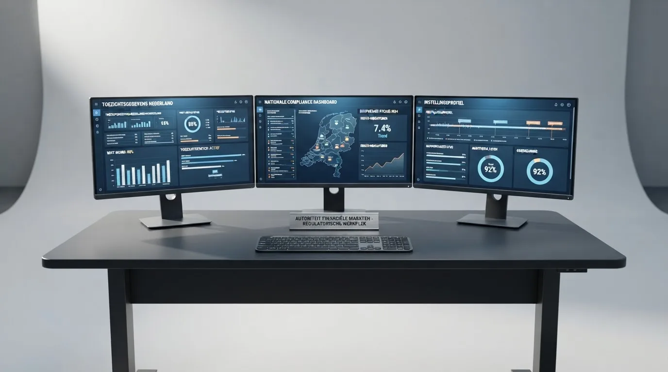 Een medewerker van een toezichthoudende instantie werkt achter een bureau met meerdere monitoren in een professioneel kantoor.