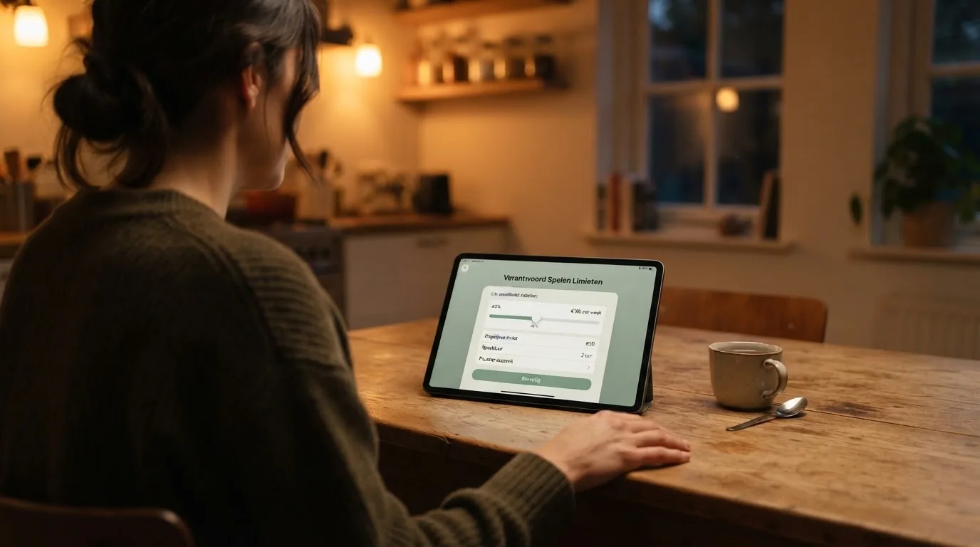 Een persoon bekijkt rustig instellingen voor speellimieten op een tablet aan een keukentafel in de avond.