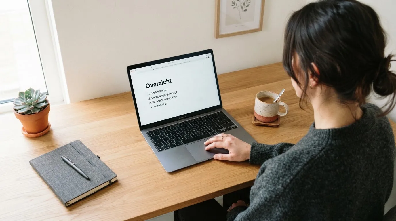 Een persoon zit aan een bureau met een kop koffie en bekijkt rustig een overzicht op een laptopscherm.
